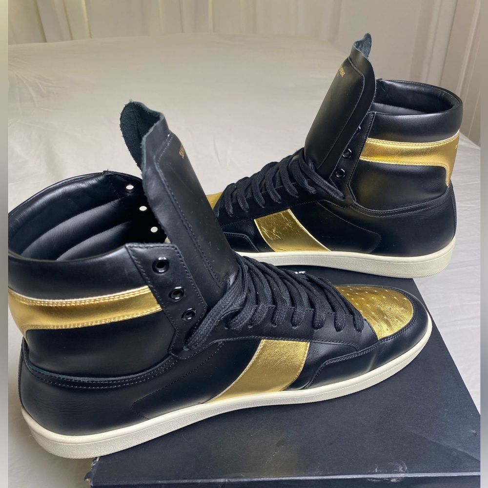 Saint Laurent SL 10h Black Gold High Top Trainer Sneaker Court EU 46 US 13 - Picture 5 of 16